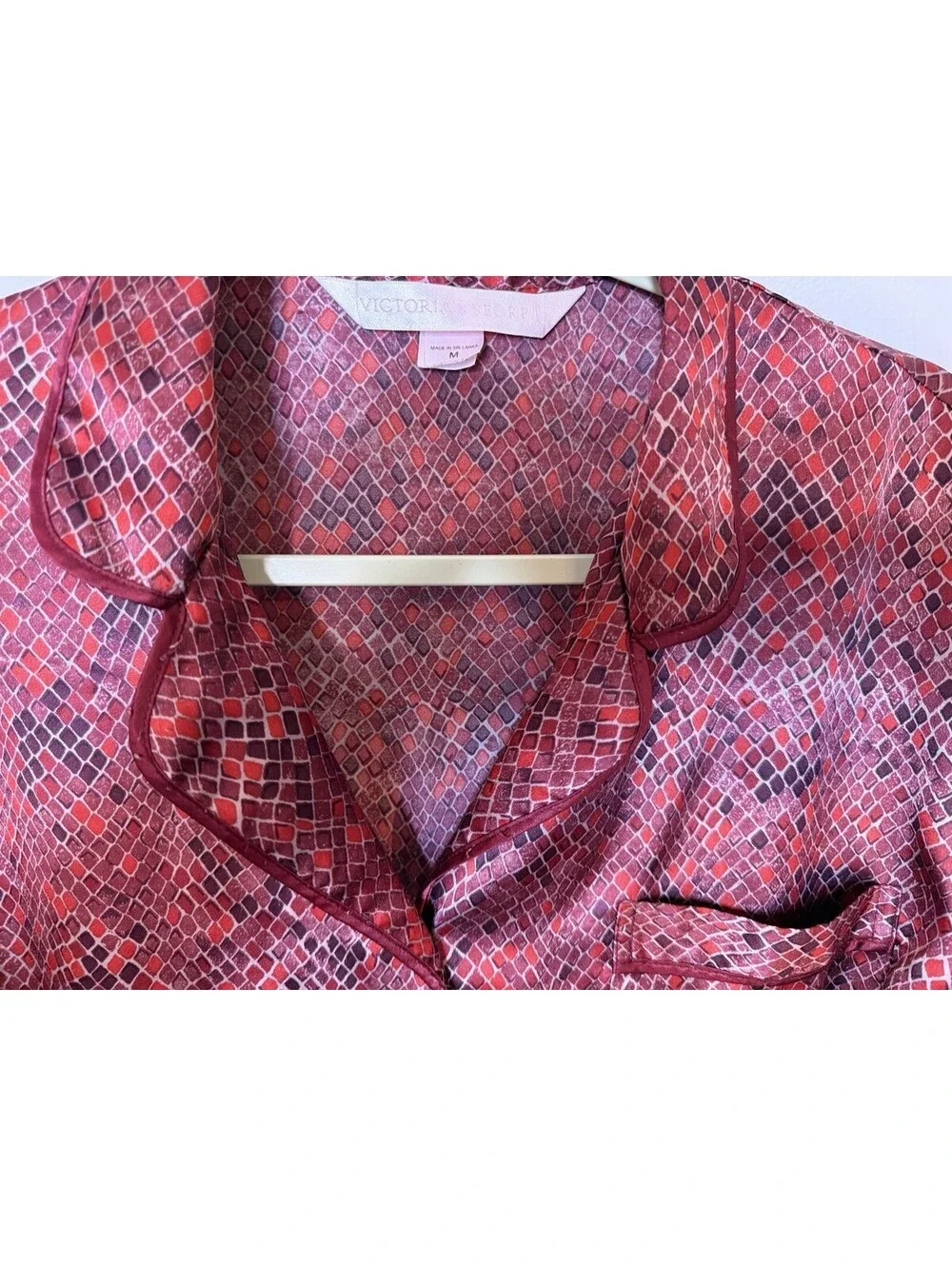 Victoria Secret Satin Pajama Set Med Red Black Snakeskin Print Button Up PJ GUC
